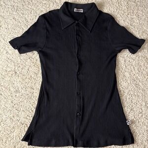 VTG YMLA Black Ribbed Polyester Shirt Men's M/L Psychedelic Rave Button Up 90s